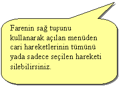 Keleri Yuvarlanm Dikdrtgen Belirtme izgisi: Farenin sa tuunu kullanarak alan menden cari hareketlerinin tmn yada sadece seilen hareketi silebilirsiniz.